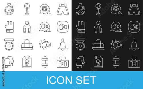 Set line Sport mechanical scoreboard, Boxing bell, glove, helmet, Jump rope, MMA, Stopwatch and icon. Vector