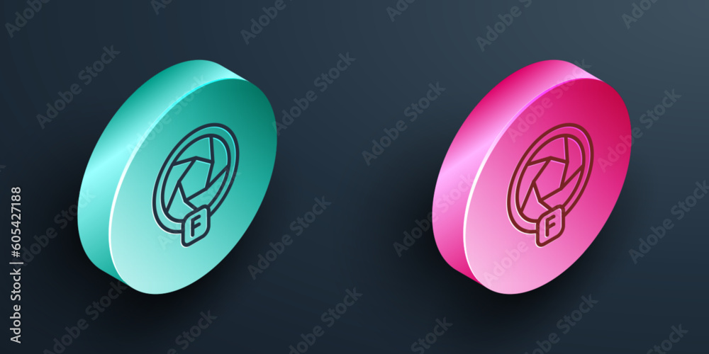Isometric line Camera shutter icon isolated on black background. Turquoise and pink circle button. Vector Isometric line Camera shutter icon isolated on black background. Turquoise and pink circle button. Vector