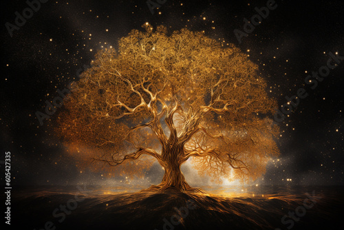 Fantasy, sci-fi, nature, state of mind concept. Golden glowing with star dust...