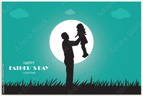 Happy Father's Day and a silhouette of father and children in the background with sun and sky.