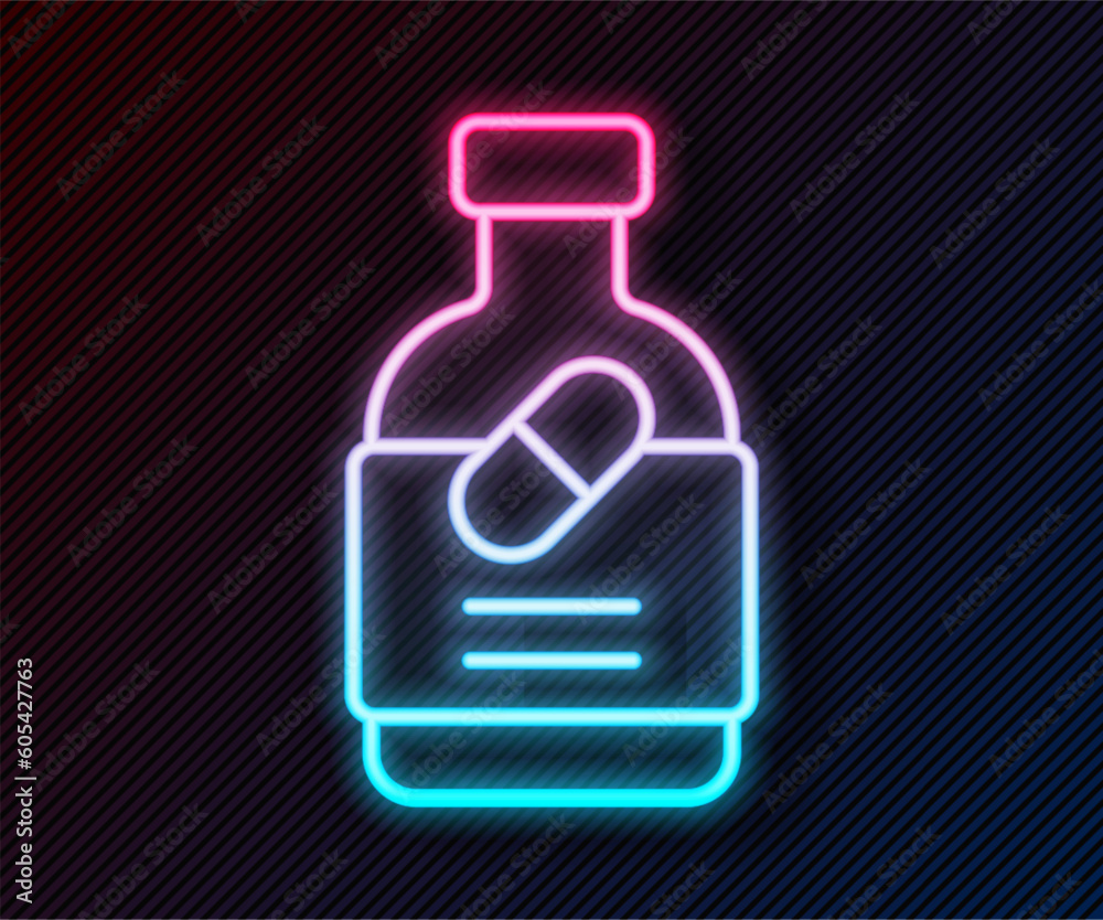 Glowing neon line Medicine bottle and pills icon isolated on black background. Bottle pill sign. Pharmacy design. Vector Glowing neon line Medicine bottle and pills icon isolated on black background. Bottle pill sign. Pharmacy design. Vector