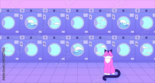 Commercial washers with cat lo fi chill wallpaper. Laundromat. Cute animal at laundry room 2D vector cartoon interior illustration, vaporwave background. 80s retro album art, synthwave aesthetics