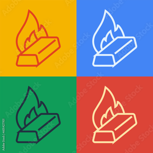 Pop art line Molten gold being poured icon isolated on color background. Molten metal poured from ladle. Vector