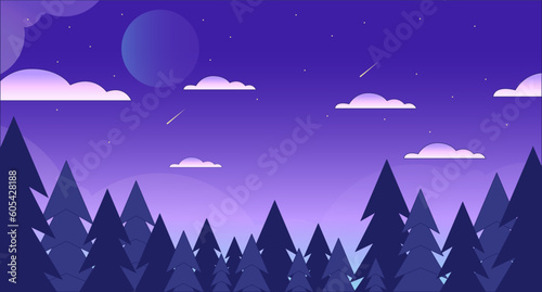 Star night with woods lo fi chill wallpaper. Shooting stars sky above forest skyline 2D vector cartoon landscape illustration  vaporwave background. 80s retro album art  synthwave aesthetics