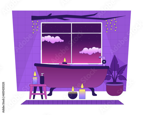 Candles with bathtub isolated chill lo fi image. Home spa day. Candlelight in bathroom 2D vector cartoon interior illustration, vaporwave background. 80s retro album art, synthwave aesthetics