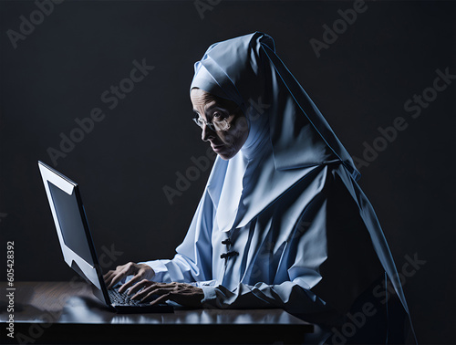 modern nun using a computer photo