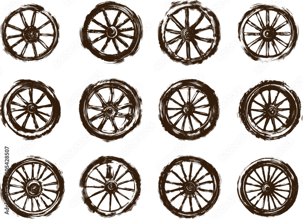 old wooden wheels with spokes vector art on white background collection