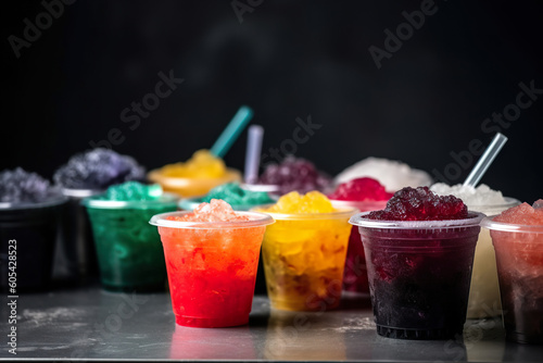 Colorful summer slushies on wooden table. Colorful Frozen Fruit Slush Granita Drinks in Plastic Take-Away Cups with Lids and Drinking Straws. Realistic 3D illustration. Generative AI