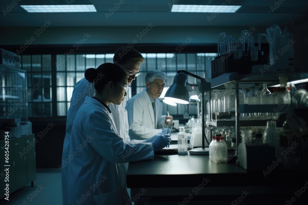 Team of scientists working in a laboratory, carefully conducting experiments and analyzing data. Generative AI Team of scientists working in a laboratory, carefully conducting experiments and analyzing data. Generative AI
