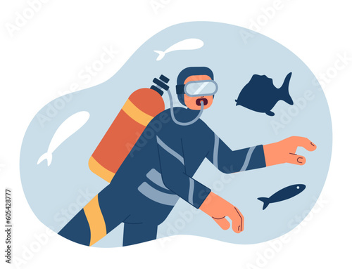 Underwater diving conceptual hero image. Scuba diver exploring sealife 2D cartoon character on white background. Snorkeler with air tank isolated concept illustration. Vector art for web design ui