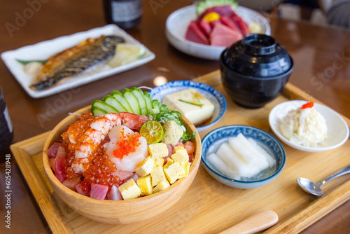 Fresh Japanese sashimi in rice bowl