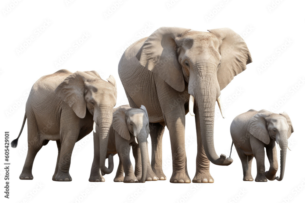 Obraz premium Elephants family isolated on white background, Animal wildlife habitat in the nature forest, beautiful of life, massive body part, largest mammal, with Generative AI.