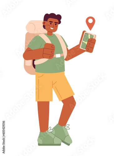 Male hiker looking at location tracking app flat vector cartoon character. Backpacker with cell phone spot illustration. Full body person isolated on white. Editable 2D simple drawing, graphic design
