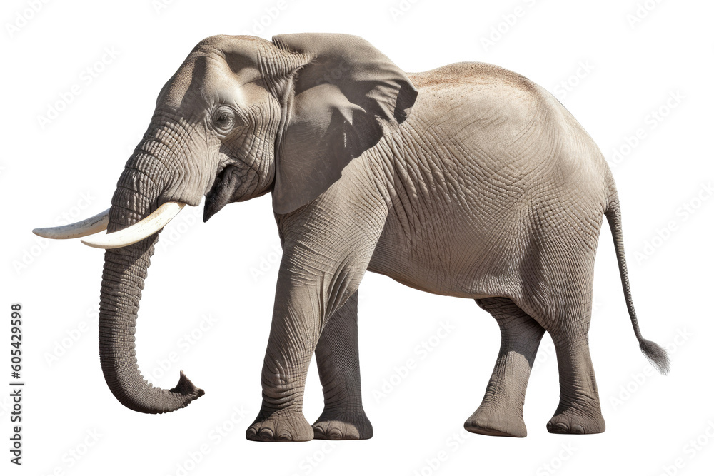 Large adult Elephant isolated on white background, Animal wildlife habitat in the nature forest, beautiful of life, massive body part, largest mammal, with Generative AI.