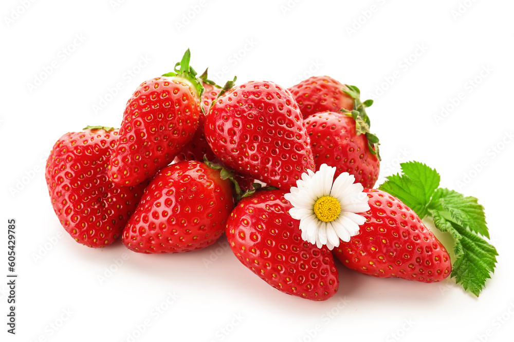 Heap of fresh strawberries with leaves and chamomile flower on white background Heap of fresh strawberries with leaves and chamomile flower on white background