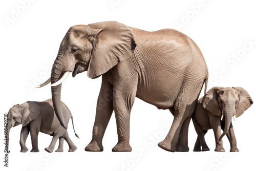 Elephants family isolated on white background  Animal wildlife habitat in the nature forest  beautiful of life  massive body part  largest mammal  with Generative AI.