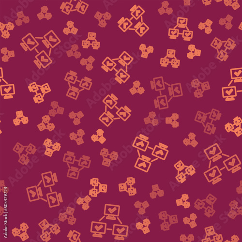 Brown line NFT blockchain technology icon isolated seamless pattern on red background. Non fungible token. Digital crypto art concept. Vector