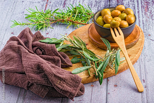 Mediterranean Tasting: Olives, olive and rosemary leaves