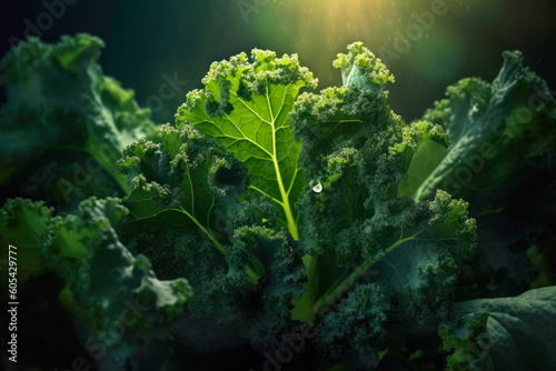 Vibrant fresh green kale cabbage, closeup detail - , healthy superfood concept. Generative AI photo