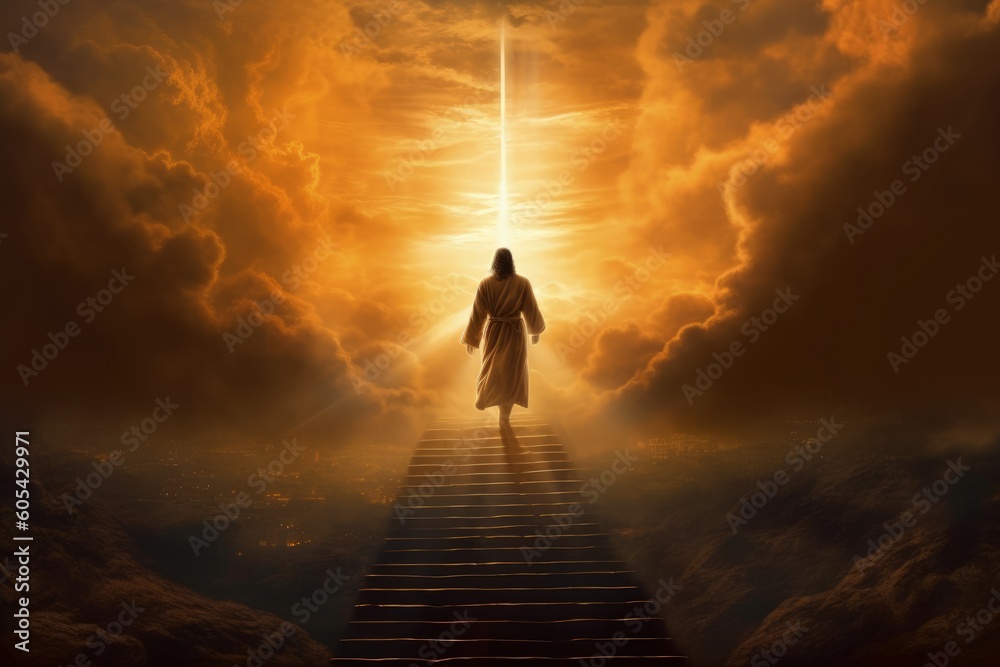 Jesus walks the steps to heaven, a ray of light at the end, generative ai