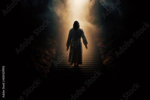 Jesus walks the steps to heaven, a ray of light at the end, generative ai