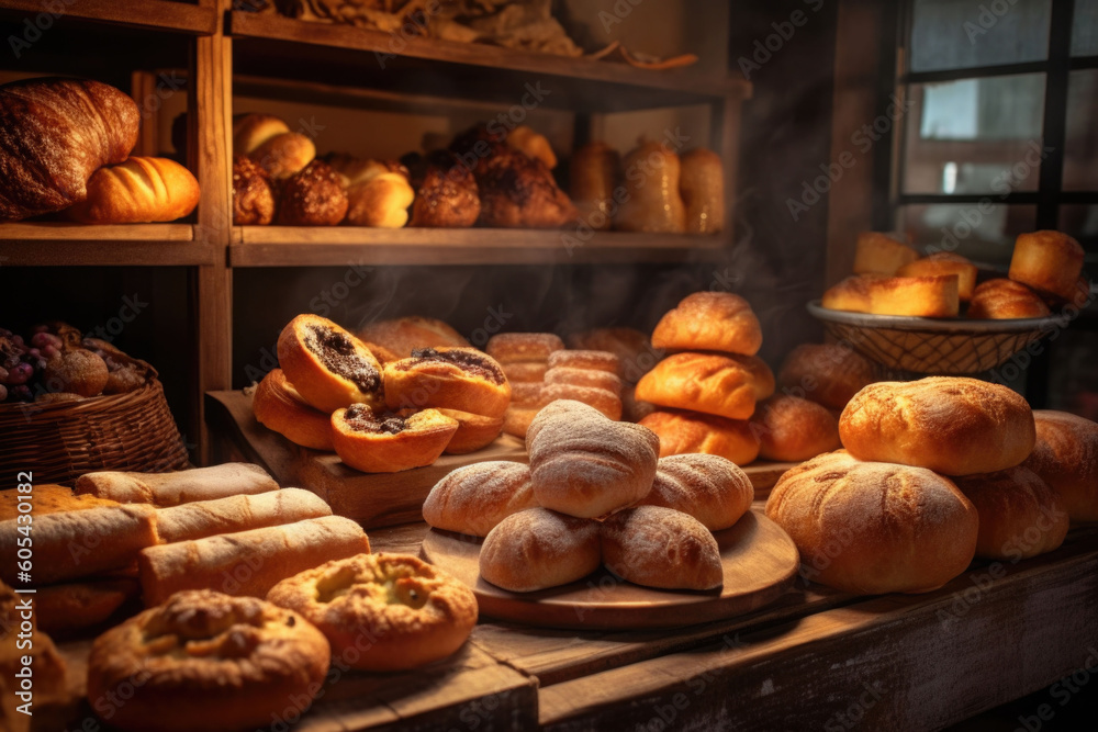 A bakery store with bread and pastries. Different kinds of bread, cakes and buns. Generative AI