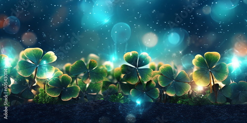 St. Patrick's Day-Hintergrund mit Kleeblättern und Bokeh-Lichtern, erstellt mit AI 
