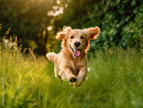 Golden Retriever Dog Jumping Through the big beautiful park