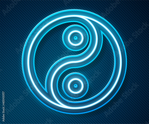 Glowing neon line Yin Yang symbol of harmony and balance icon isolated on blue background. Vector
