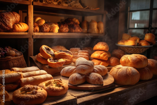 A bakery store with bread and pastries. Different kinds of bread, cakes and buns. Generative AI