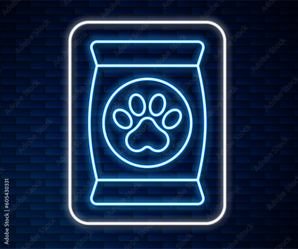 Glowing neon line Bag of food for pet icon isolated on brick wall background. Food for animals. Dog bone sign. Pet food package. Vector Glowing neon line Bag of food for pet icon isolated on brick wall background. Food for animals. Dog bone sign. Pet food package. Vector
