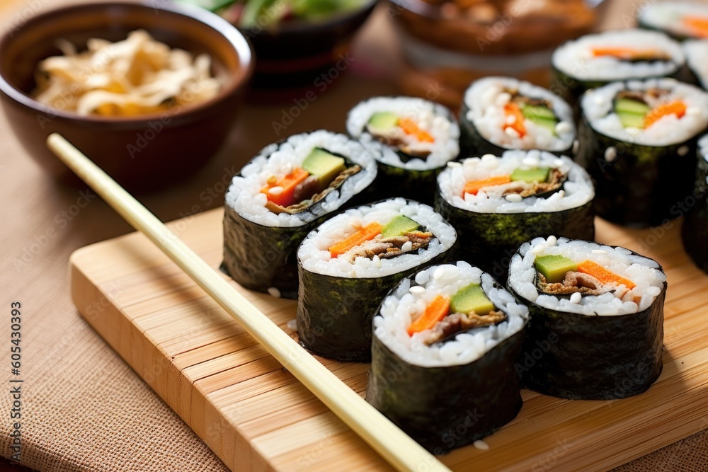 kimbap with chopsticks Kimbap or sometimes spelled gimbab Food photography kimbap with chopsticks Kimbap or sometimes spelled gimbab Food photography