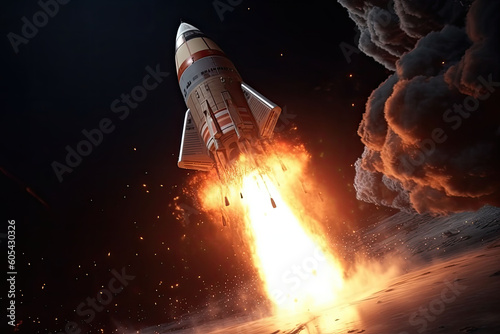 The spaceship explodes after launch. Failed rocket lift off and space mission failure. Generative AI
