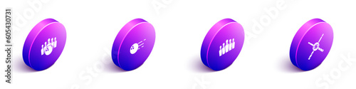 Set Isometric Bowling pin and ball, , and Crossed billiard cues icon. Vector