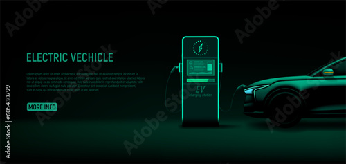 Banner with charging station and EV car. Vector illustration with green silhouette of front part of electric car and charging station. Eco-friendly energy concept. Banner with modern hybrid auto.