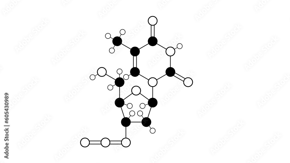 zidovudine molecule, structural chemical formula, ball-and-stick model, isolated image azidothymidine zidovudine molecule, structural chemical formula, ball-and-stick model, isolated image azidothymidine