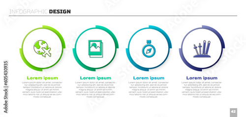 Set Globe with flying plane, Photo, Compass and Ski and sticks. Business infographic template. Vector