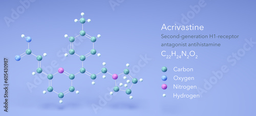 acrivastine molecule, molecular structures, h1-receptor antagonist antihistamine, 3d model, Structural Chemical Formula and Atoms with Color Coding