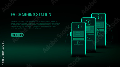 EV charging station concept. Vector illustration with green glowing electric charging station for EV cars. Eco-friendly energy concept.