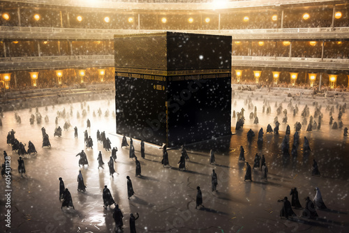 Background of the Holy Kaaba with pilgrims in circumambulation on the occasion of Eid Al-Adha, creative ai photo