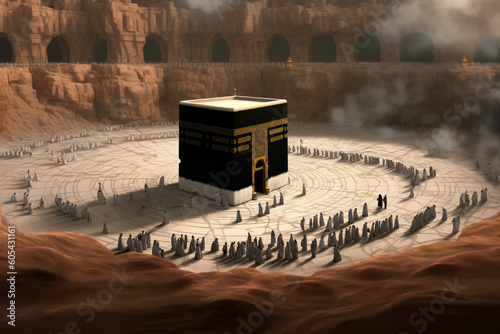 Background of the Holy Kaaba with pilgrims in circumambulation on the occasion of Eid Al-Adha, creative ai photo