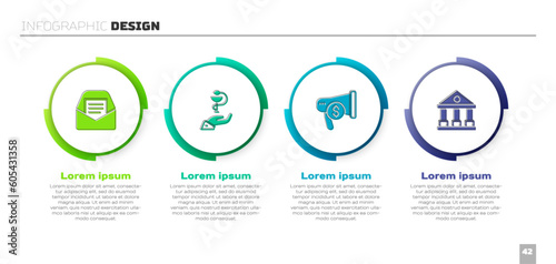 Set Mail and e-mail, Caduceus snake medical, Megaphone dollar and Courthouse building. Business infographic template. Vector