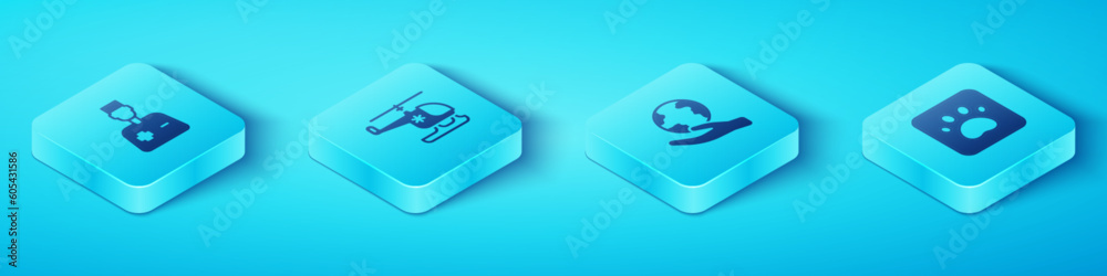 Set Isometric Male doctor, Rescue helicopter, Paw print and Hand holding Earth globe icon. Vector Set Isometric Male doctor, Rescue helicopter, Paw print and Hand holding Earth globe icon. Vector