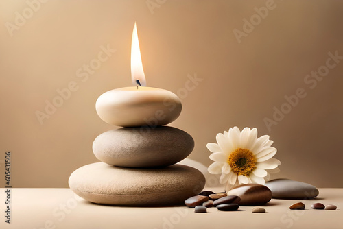 Vanilla burning candle on beige background with copy space. Warm aesthetic composition with stones and dry flowers. Home comfort, spa, relax and wellness concept. Interior decoration