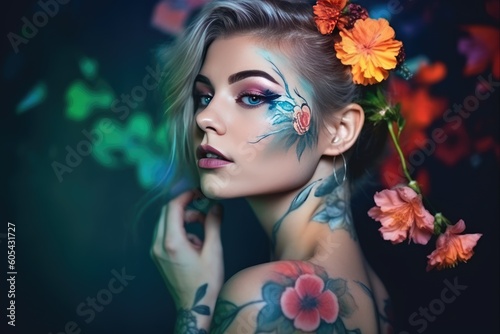 Sensual woman with body art and colored eyes and lips  flowers. Generative AI