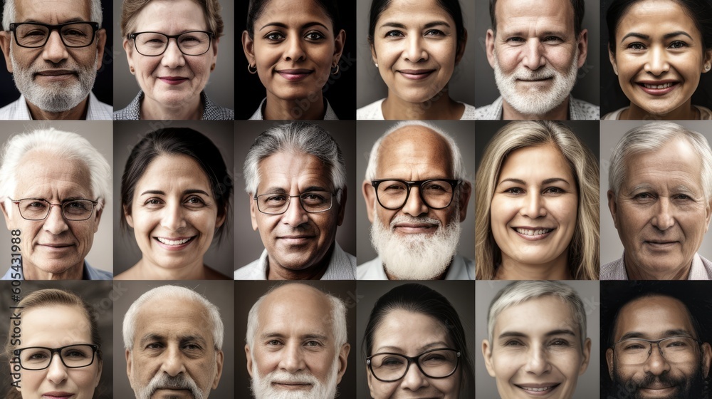 Mixed race middle aged people portraits collage