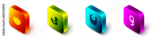 Set Isometric Little boy head, Rubber duck, Baby bib and Newborn baby infant swaddled icon. Vector