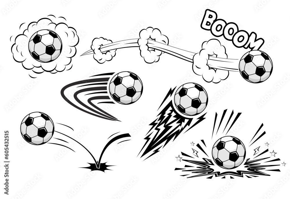 Soccers football balls fly at high speed. Vector in comic style on  transparent background Stock Vector | Adobe Stock