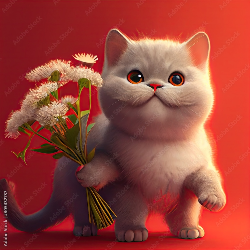 Smiling cute british short hair in cat holding bouquet in colorful flowers  isolated warm background. Concept of phonographic in art digital of animal  abstract profile. Glorious generative AI. Stock Illustration