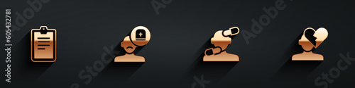 Set Psychological test, Male doctor, Sedative pills and Broken heart divorce icon with long shadow. Vector